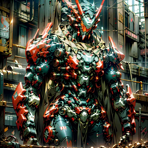 dark_fantasy,cyberpunk,(chain saw,chain saw man,red:1.1),1man,mechanical marvel,robotic presence,cybernetic guardian, wearing a ...