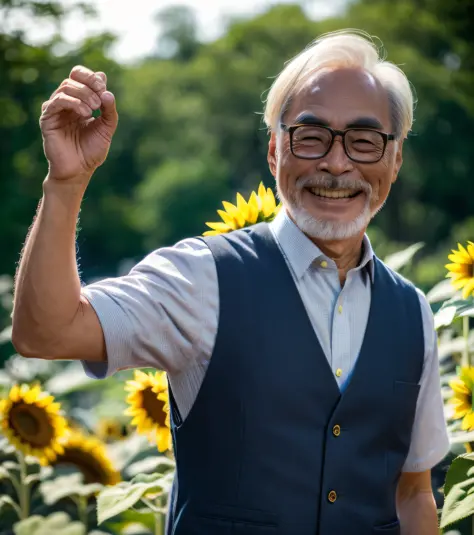 (A medium photo of  gongqijun,oldman),wearing(brown vest,babyblue shirt),smile,(standing on sea of sunflowers),sunlight,(sunflow...