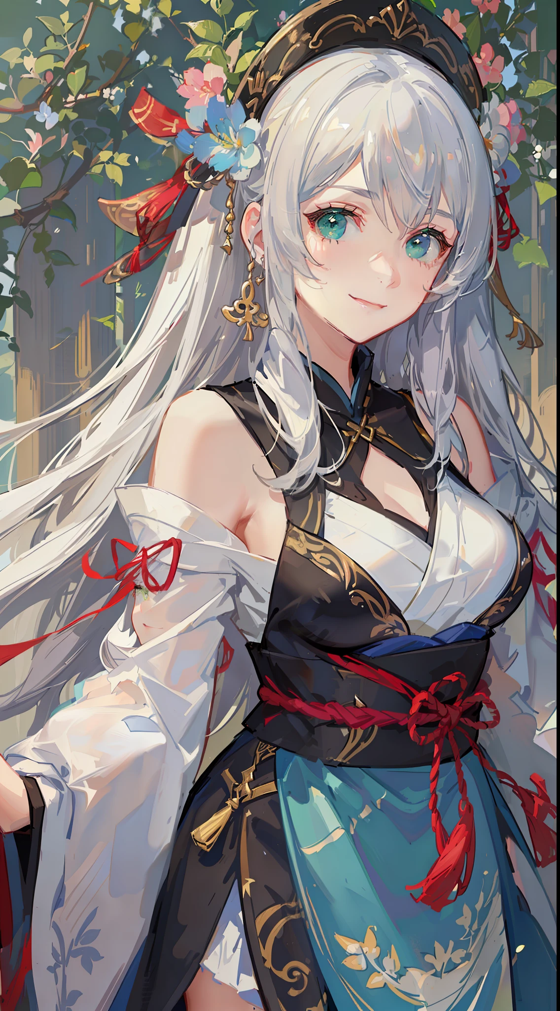 Adult girl, long white hair, green eyes, hanfu, open chest, smile, masterpiece, high quality