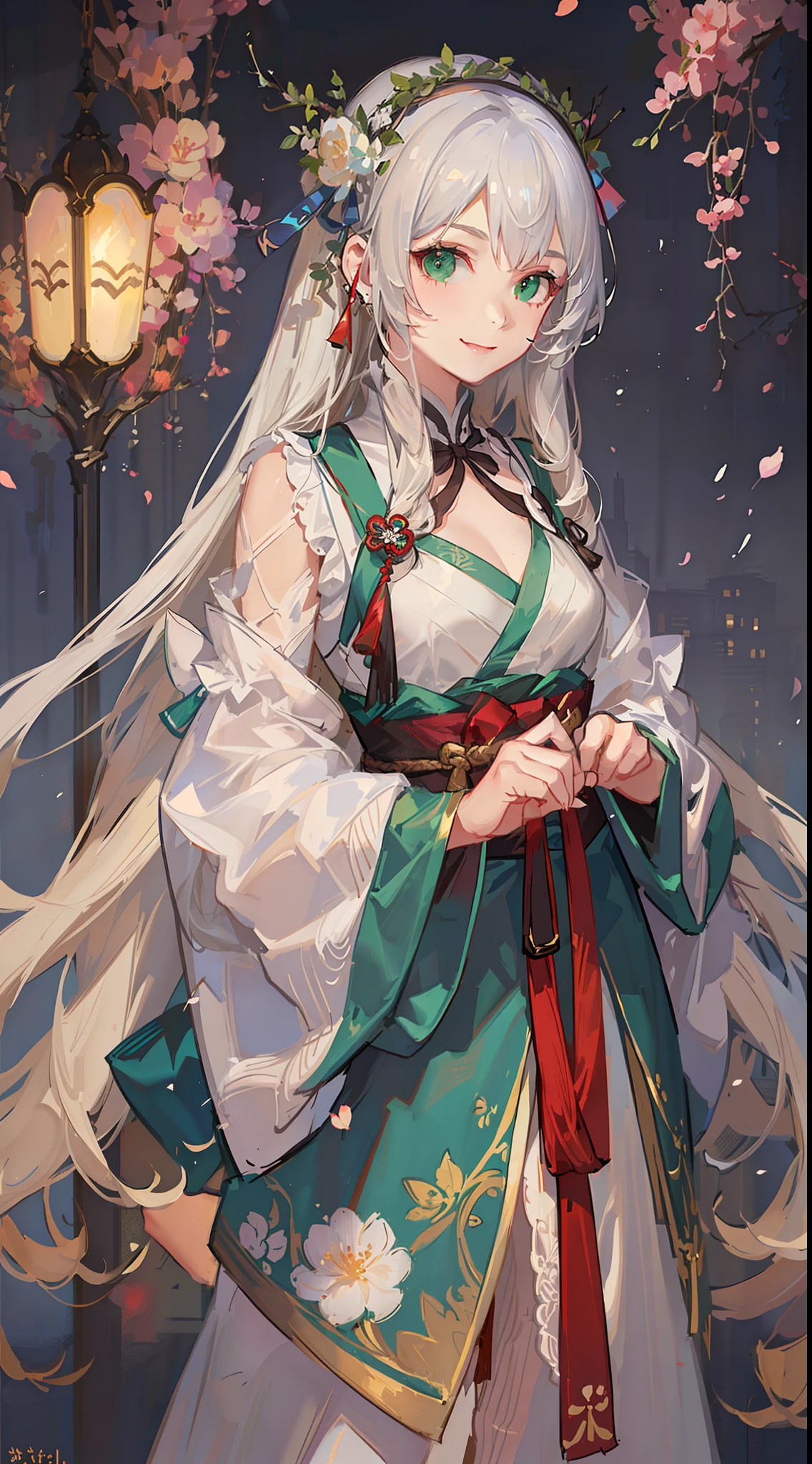 Adult girl, long white hair, green eyes, hanfu, open chest, smile, masterpiece, high quality