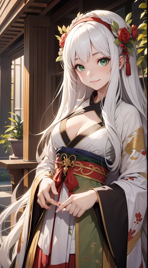 Adult girl, long white hair, green eyes, hanfu, open chest, smile, masterpiece, high quality