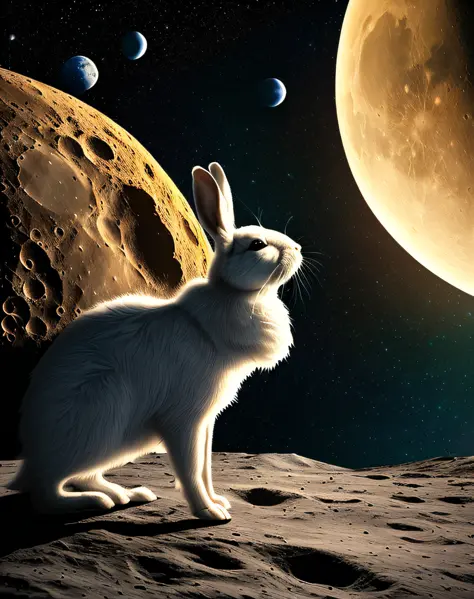 8k, masterpiece, best quality, reality, rabbit in spacesuit on the moon, (Earth: 1.3) background, perfect lighting, fantasy, art, detail,