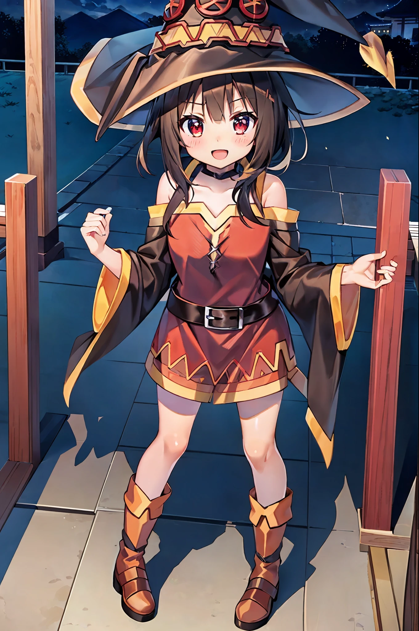 (obra maestra), (mejor calidad), chica (Megumin_konosuba), ((ultra detallado)), cabello corto, pelo negro, ojos rojos (ilustración CG muy detallada), Feliz, cuerpo completo, en el templo de Japón, por la noche