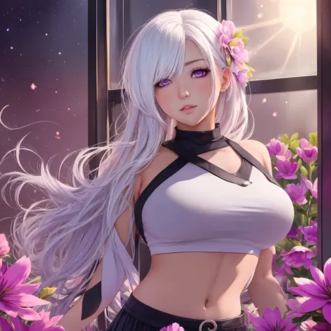 realistic, 1girl, white hair, purple eyes, glowing eyes, crop top, skirt, parted lips, blush, night, flowers, sun, sunlight, --auto --s2