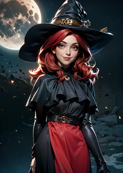 1 girl, witch, looking at camera, smiling, red hair, wearing a black dress, chokering with a moon