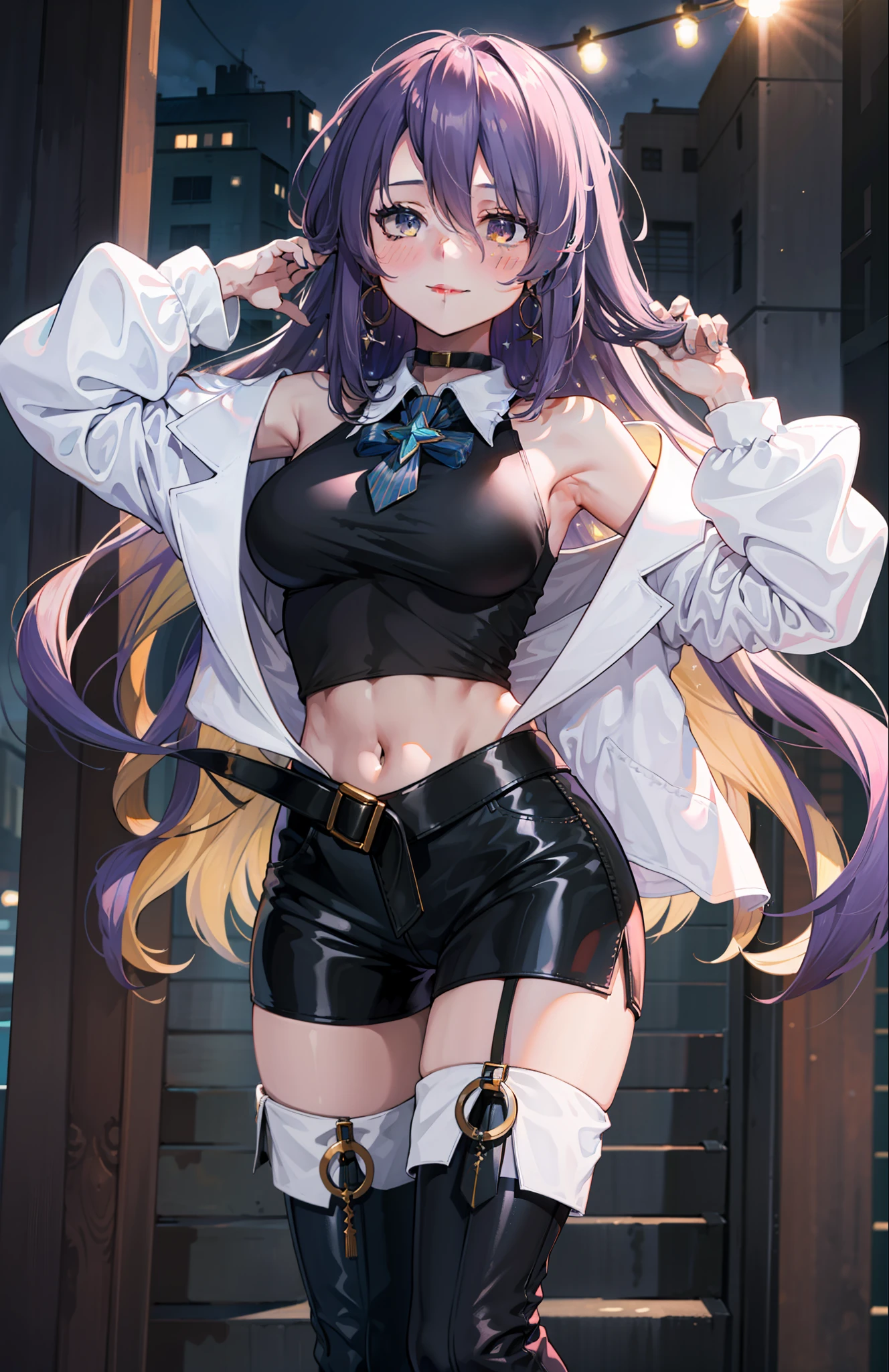 1girl, Moona Hoshinova, purple long hair, white jacket, short jeans pants, short pants, crop top, show stomach, city road, standing, (masterpiece:1.2), highres, best quality, 8k, sexy pose, blush, shy, smile, v neck shirt, show middle , breat out, stocking, very short pants,