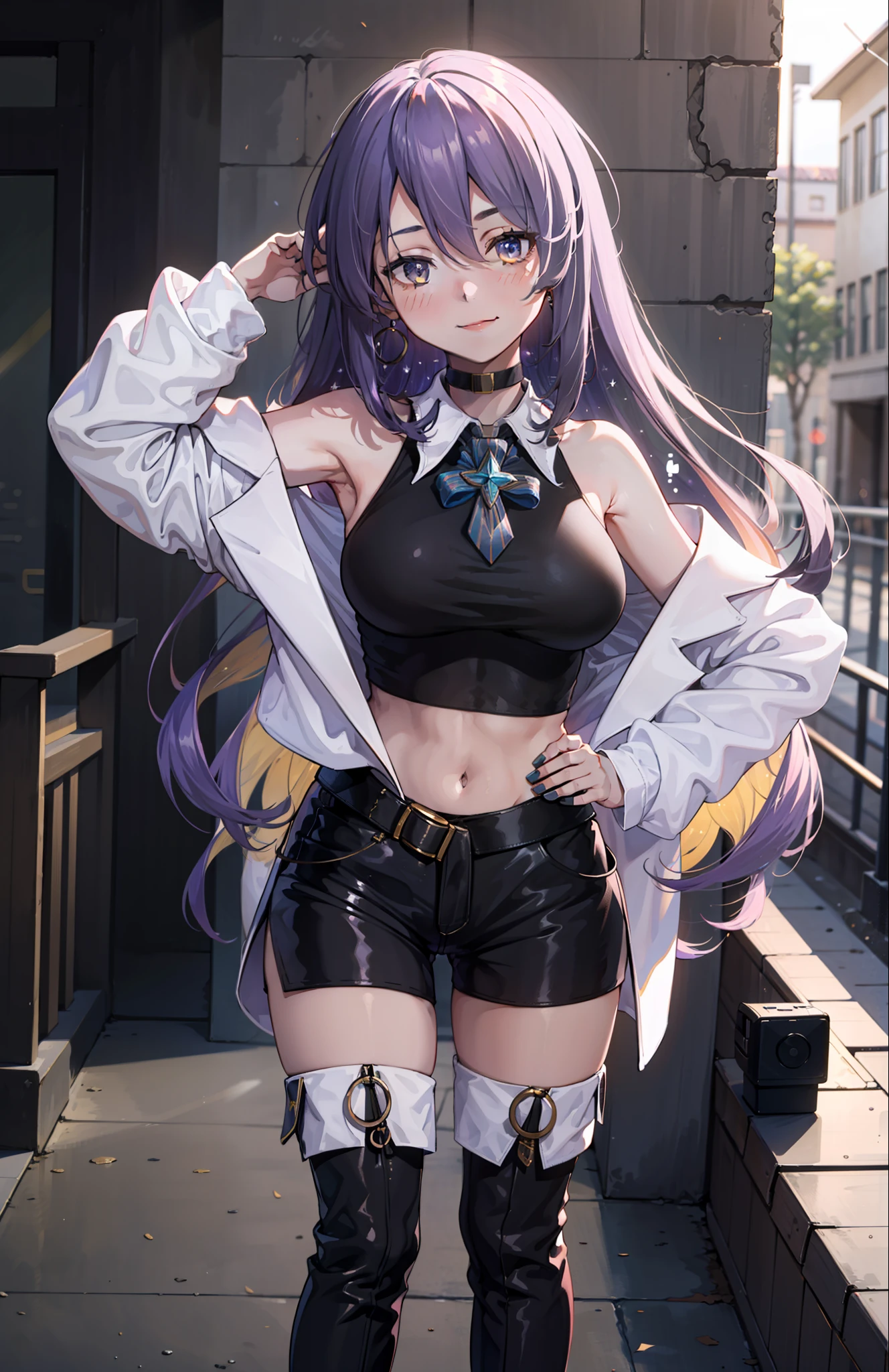 1girl, Moona Hoshinova, purple long hair, white jacket, short jeans pants, short pants, crop top, show stomach, city road, standing, (masterpiece:1.2), highres, best quality, 8k, sexy pose, blush, shy, smile, v neck shirt, show middle , breat out, stocking, very short pants,