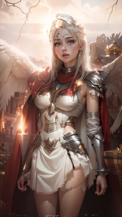 (Original photo: 1.2), (Sky, Flight, White Angel Wings: 1.5), (hair_ornament, hairpins, jewelry), (Behind arm: 1.4), (Lightning, electricity), (Necklace), (Earrings), (Perfect Figure: 1.1), Detailed clothing texture, (Crown: 1.5), Milky skin, (Ultra High r...