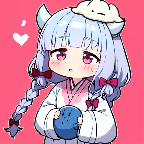 kanna kamui, chibi, solo, holding a heart and big red, white hair, braids, pink dress, pink clothes, long sleeves, pink bow tie,...