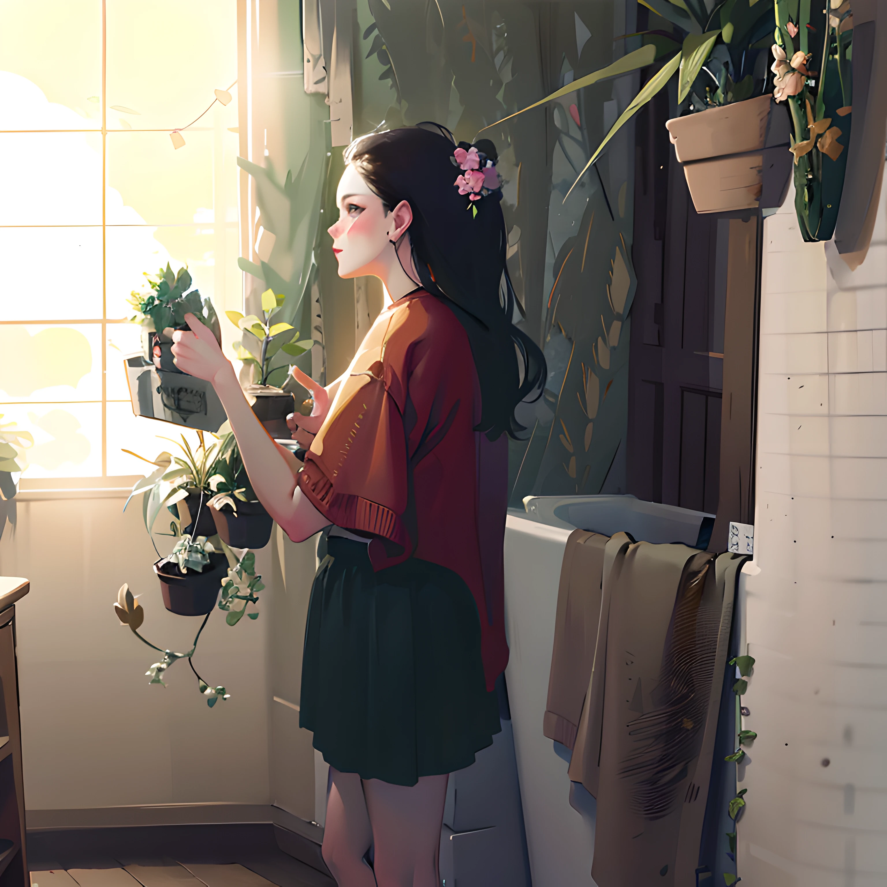 there is a woman standing in a bathroom holding a potted plant, beautiful digital illustration, inspired by loish, loish art style, lofi girl, artwork in the style of guweiz, inspired by Atey Ghailan, lofi art, loish |, lofi portrait at a window, beautiful digital artwork, lofi portrait, concept art digital illustration