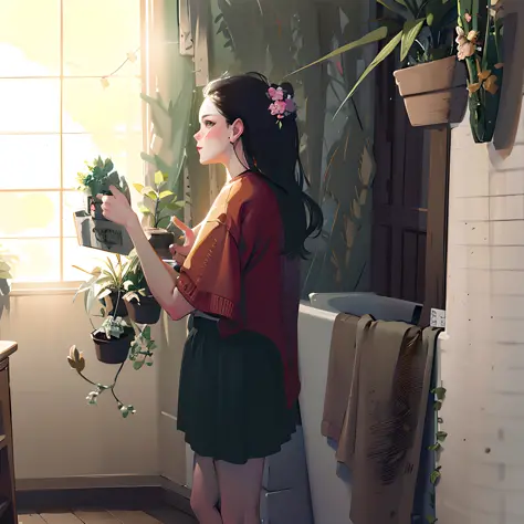 there is a woman standing in a bathroom holding a potted plant, beautiful digital illustration, inspired by loish, loish art sty...