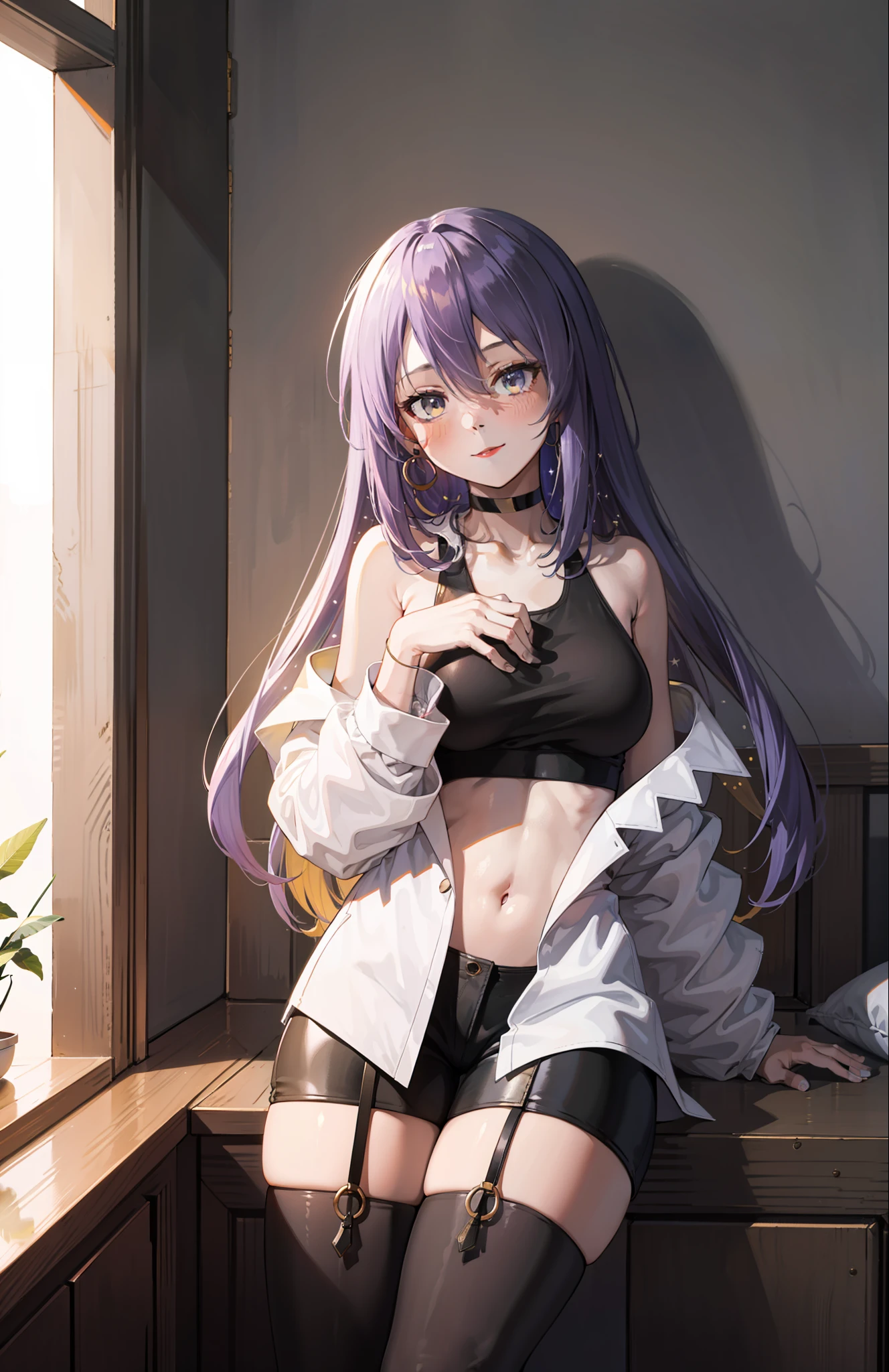 1girl, Moona Hoshinova, purple long hair, white jacket, short jeans pants, short pants, crop top, show stomach, bedroom, window, pillow, bed, sitting, (masterpiece:1.2), highres, best quality, 8k, sexy pose, blush, shy, smile, v neck shirt, show middle boobs, breat out, stocking, very short pants,