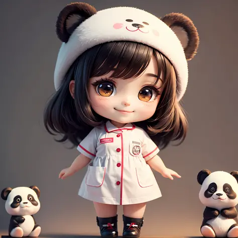 Chibi character, panda girl wearing nurse clothes, smile, fluffy, no background, supremely precise