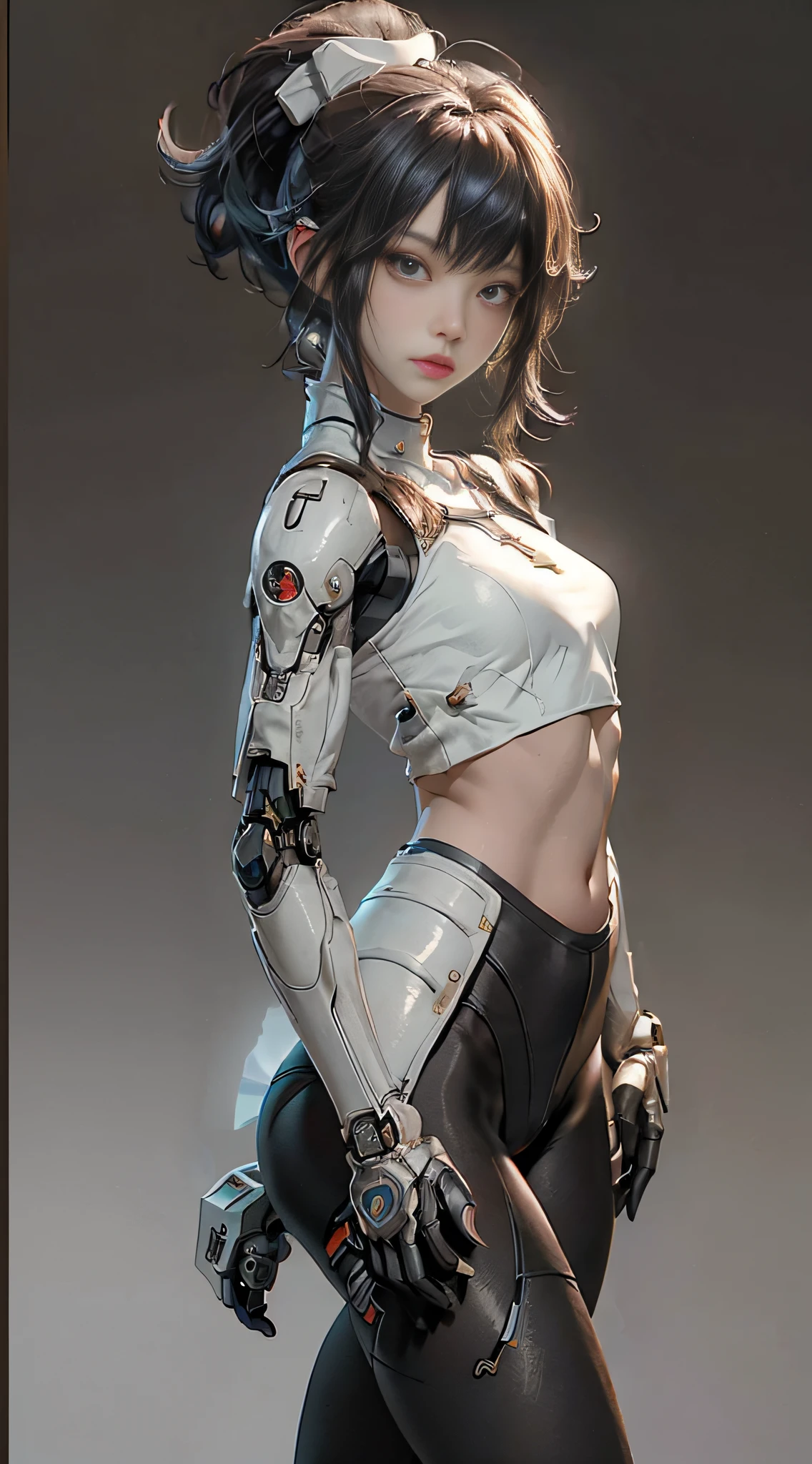 Extremely cute human eighteen year old female face, human torso, human abs and boobs, human abdomen, human hips, robotic arms, mechanical legs, arms and legs with hard white shiny shell and black joints, very beautiful and male, short, petite, small, small, medium bust, cleavage display, flat belly display, partial helmet with antenna on the ear, black robot joints, very stylish, award-winning product design, black rubber tights, Shiny white metal cuirass opens at cleavage and belly, white metal rump with folds, armor with stylish, glowing trim, mecha fox tail, tail