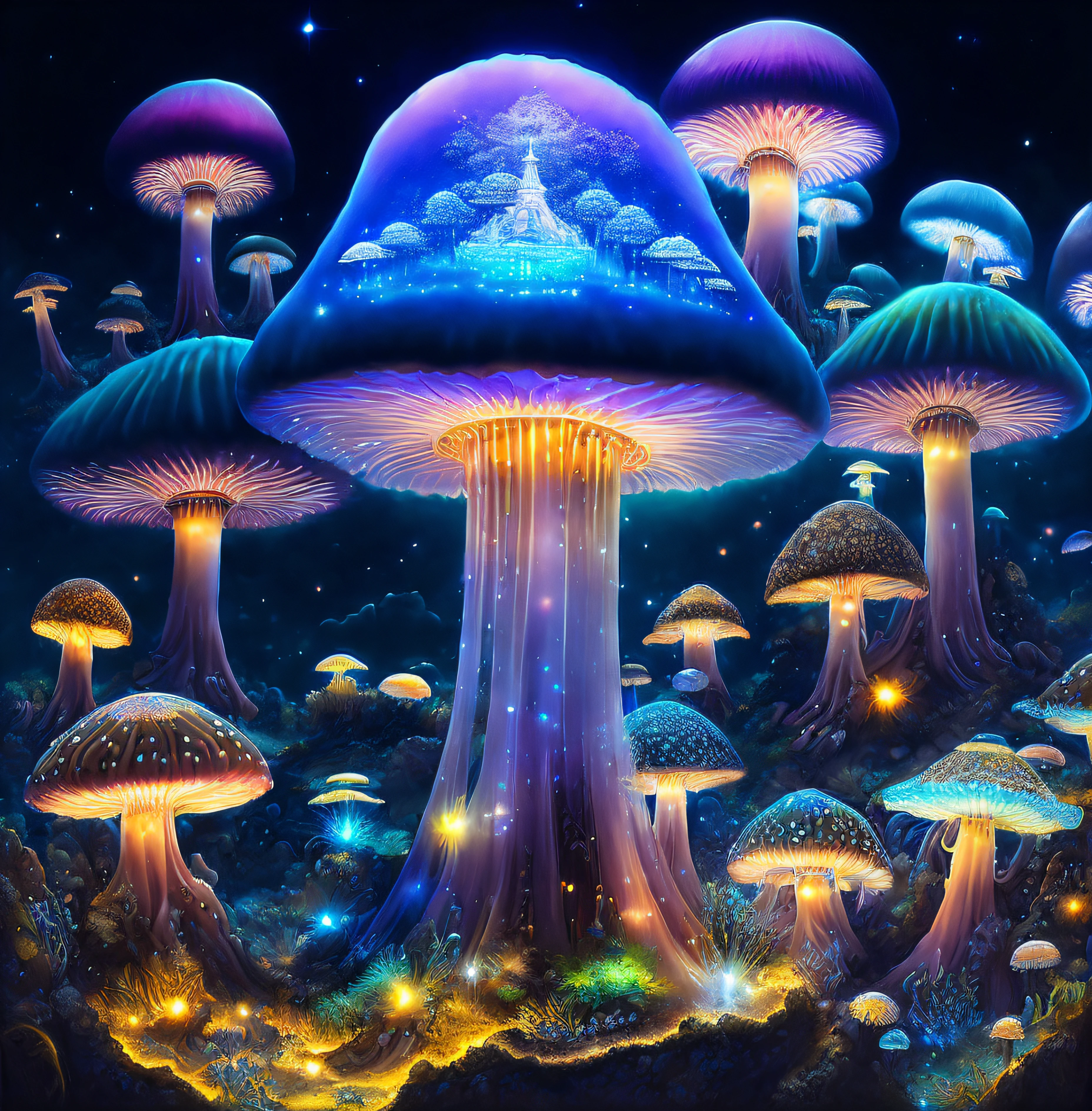 The world of mushrooms is my home. A realistic detail of a bright virtual bioluminescent mushroom mega cities inside a floating jellyfish , metropolis in the dark at night is like a spiritual journey through a mushroom forest, cosmic, celestial, god rays, ornate details, cinematic, professional, masterpiece, commissioned, best quality, color corrected,