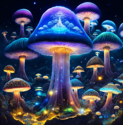 the world of mushrooms is my home. a realistic detail of a bright virtual bioluminescent mushroom mega cities inside a floating ...