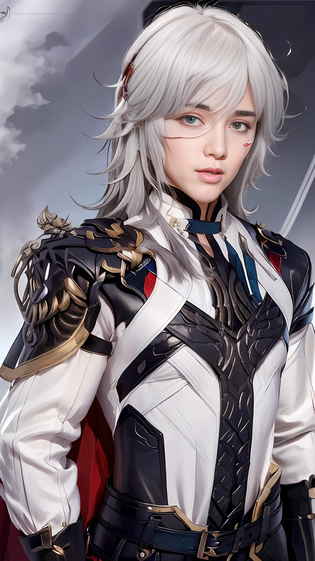 masterpiece, best quality,jingyuan\(hsr\), 1boy, male focus, solo, white hair, blue eyes, gloves, hair over one eye, looking at viewer, cape, closed mouth, black gloves, bangs, high collar,, (grey background:1.4),