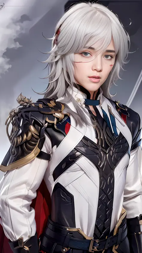 masterpiece, best quality,jingyuan\(hsr\), 1boy, male focus, solo, white hair, blue eyes, gloves, hair over one eye, looking at ...