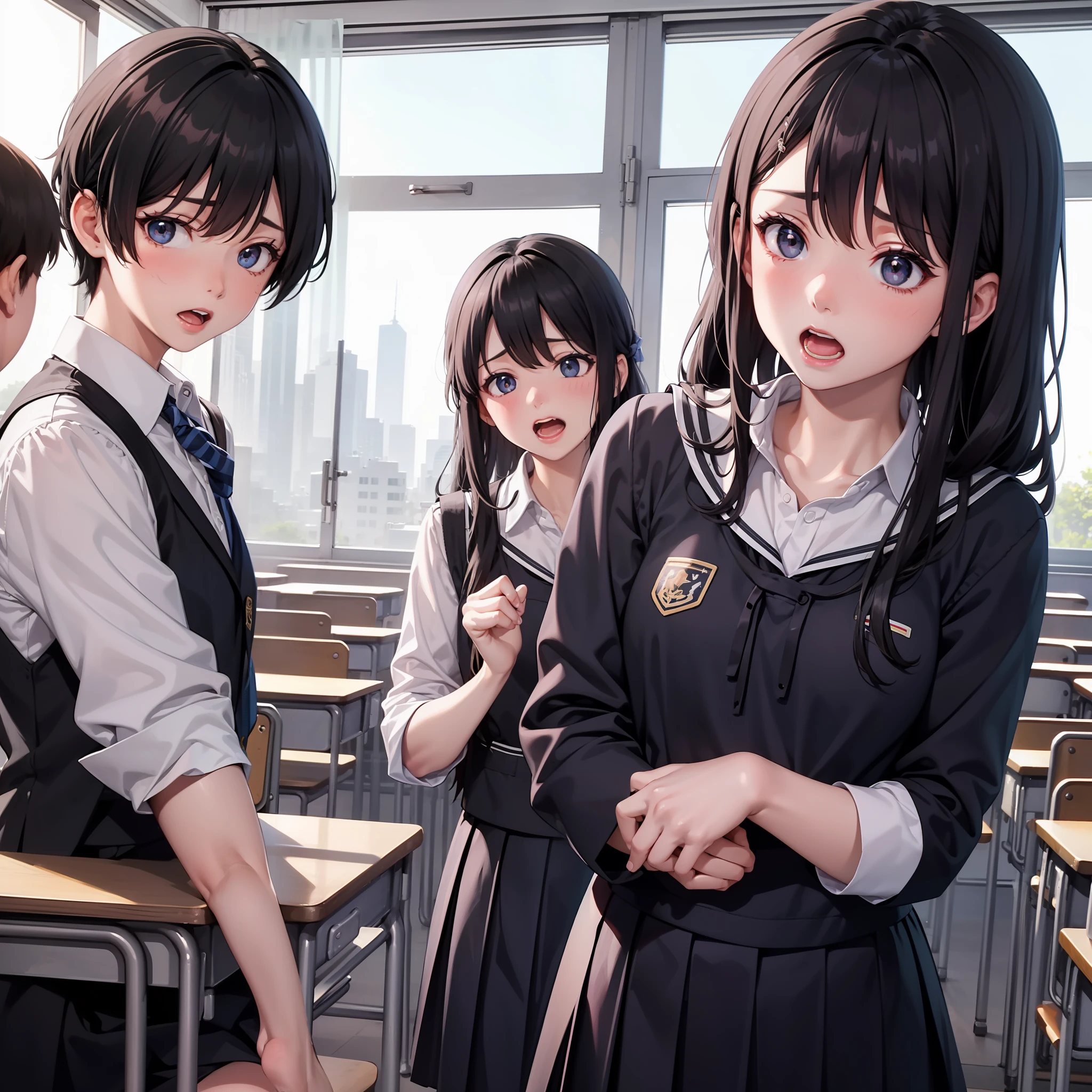 boys and girls, school uniforms, screaming, black hair, panic, 4k, classroom, scared,