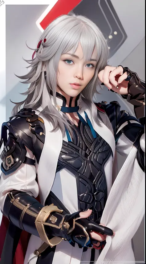 masterpiece, best quality,jingyuan\(hsr\), 1boy, male focus, solo, white hair, blue eyes, gloves, hair over one eye, looking at ...