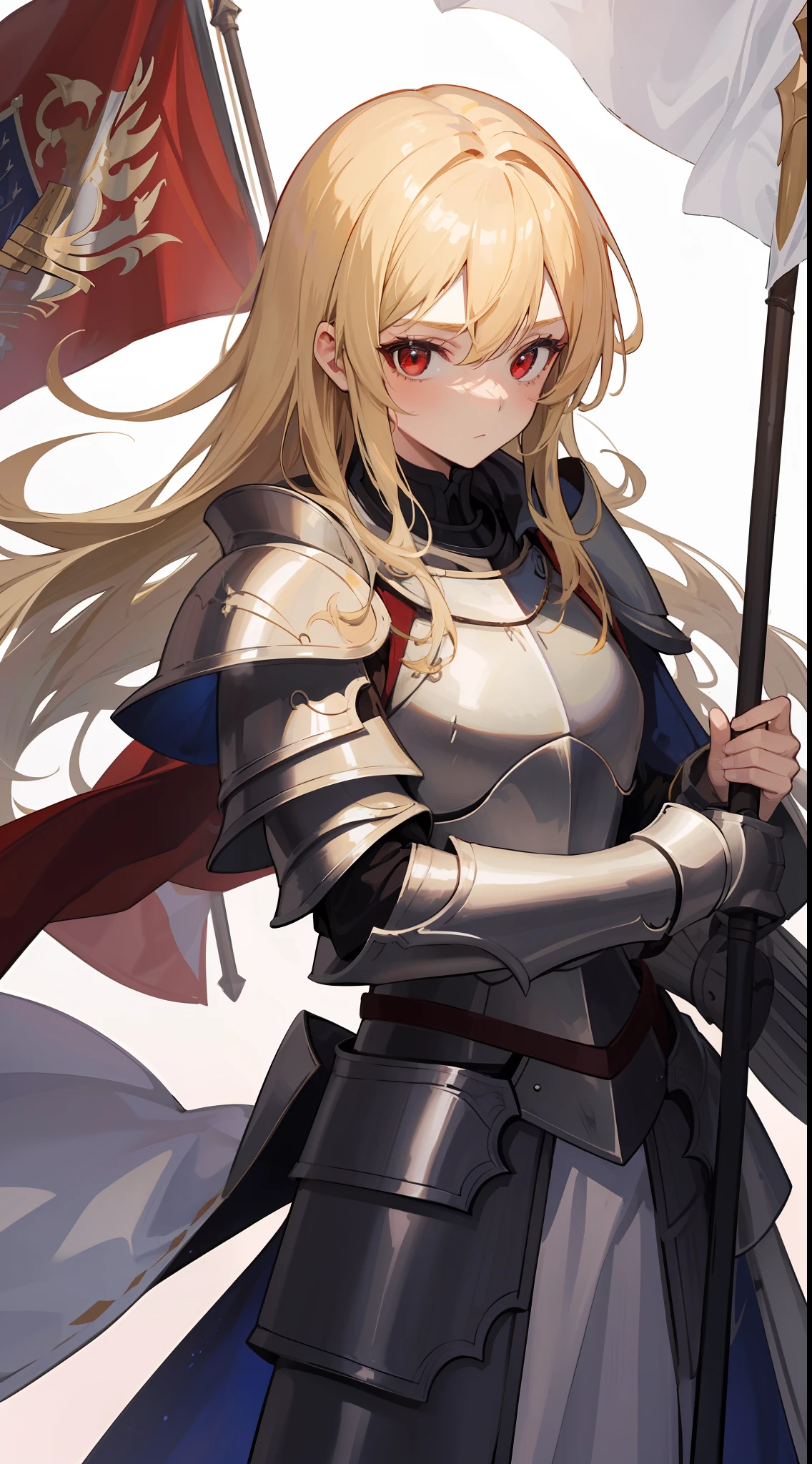 1girl, blonde hair, red eyes, wearing full white armor and radiating light, paladin, 8k, holding a flag halberd, wearing white robes and epic white paladin armor, wearing general robes.