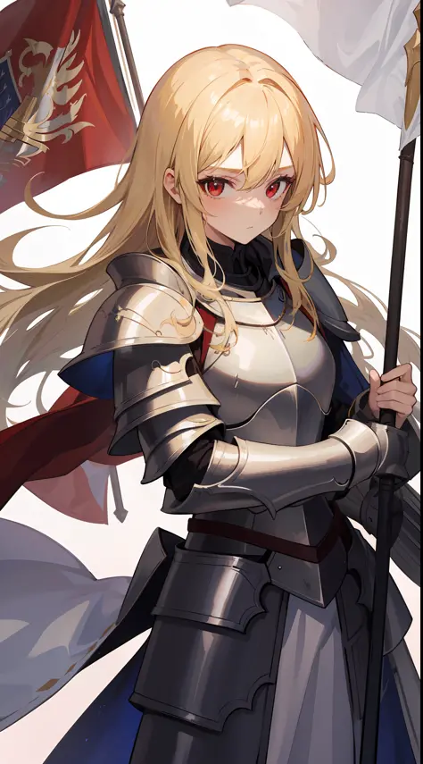 1girl, blonde hair, red eyes, wearing full white armor and radiating light, paladin, 8k, holding a flag halberd, wearing white r...