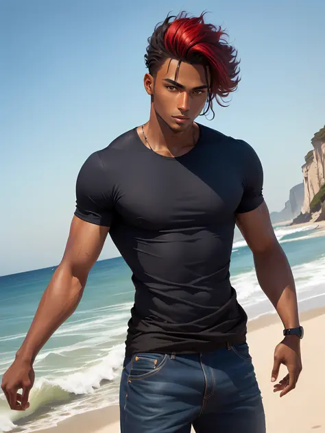 a tanned man, hair: blue and red. skin color: black. photo from the waist up