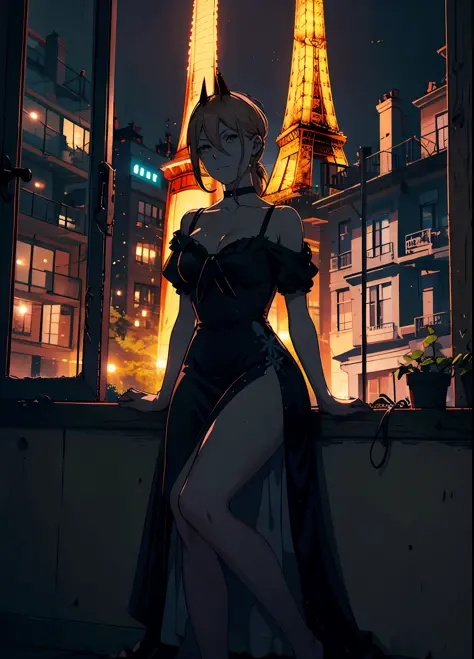 power from chainsaw wearing black evening dress, sitting on window frame, midnight, eiffel tower in background
