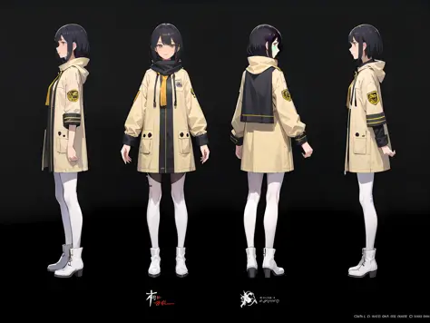 1girl, [Black hair, short hair, bangs], [yellow_raincoat, long raincoat], detailed face, [Red_eyes, half closed], black leggings, white_boots, red neck scarf, high quality, character sheet, concept art, white background,
