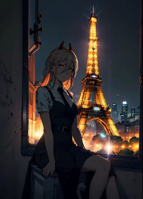 power from chainsaw wearing black evening dress, sitting on window frame, midnight, eiffel tower in background