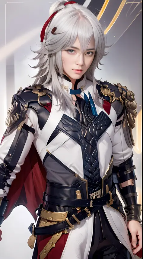 masterpiece, best quality, full figure, jingyuan\(hsr\), 1boy, male focus, solo, white hair, blue eyes, gloves, hair over one ey...