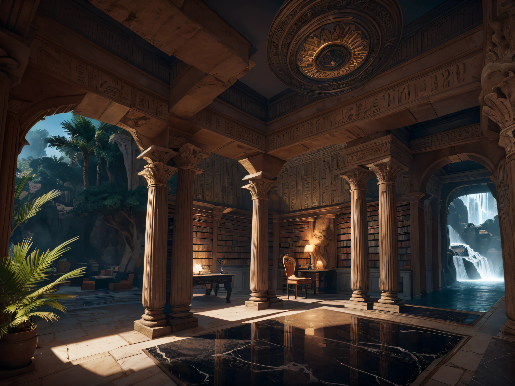 incredible luxurious futuristic interior in Ancient Egyptian Hall style with many (((luxury library))), (((chair))), (((book on the table))), ((palm trees)), ((sand)), ((waterfalls)) (marble), dessert and ((water)), (hieroglyphics), (black marble), (statue), (book) – with ((beautiful lights)), Unreal Engine, HQ, (extremely detailed CG unity 16k wallpaper) unity asset store, Award Winning, Masterwork, Masterpiece, surrealism, dream-like, ancient architecture