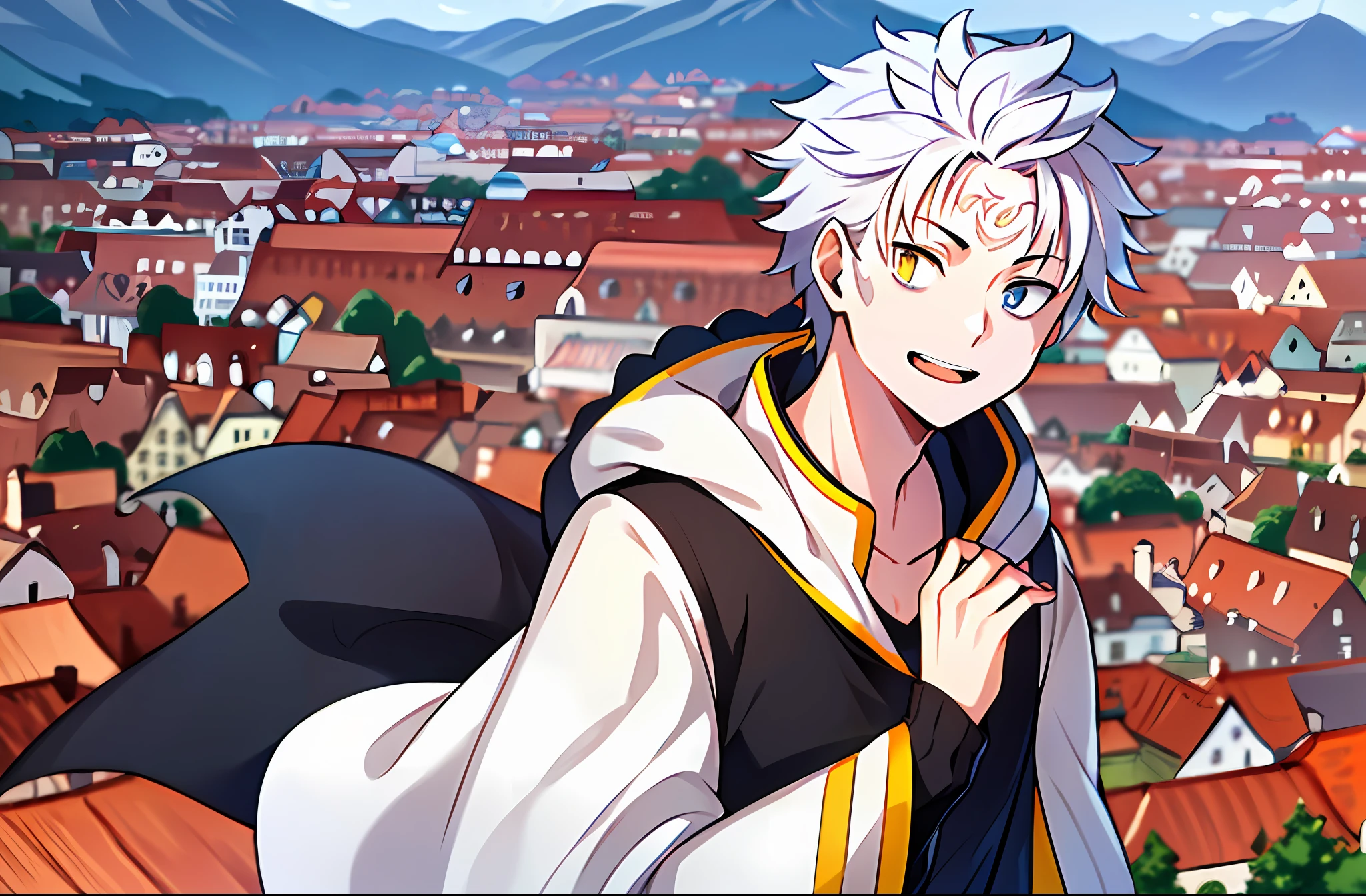 (best quality, masterpiece, ultra detailed), 1boy, Greed, white_hair, heterochromia, yellow_eyes, grey_eyes, cloak  , (bestcar), (dynamic pose),  (Scenery:1.4), (depth of field), village