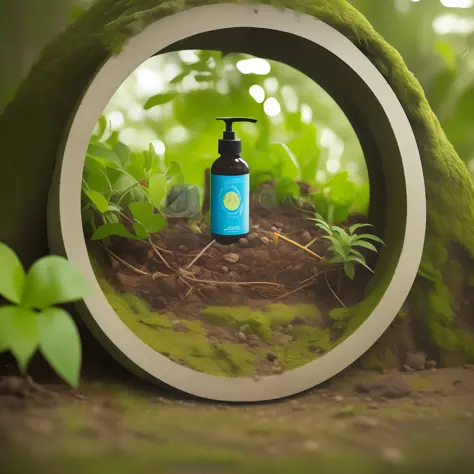 A bottle of oral liquid stands in the middle of the picture, there is a rock with plants growing inside, traps made of leaves, placed in dense forest, natural realistic rendering, 3D depth of field, garden environment, stylized photos, rich environment, by...