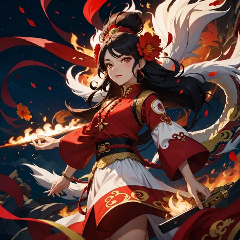 1girl, liuyun, fire ball, long hair, floating hair, hair flower, eastern dragon, red and white, upper body, looking at viewer,