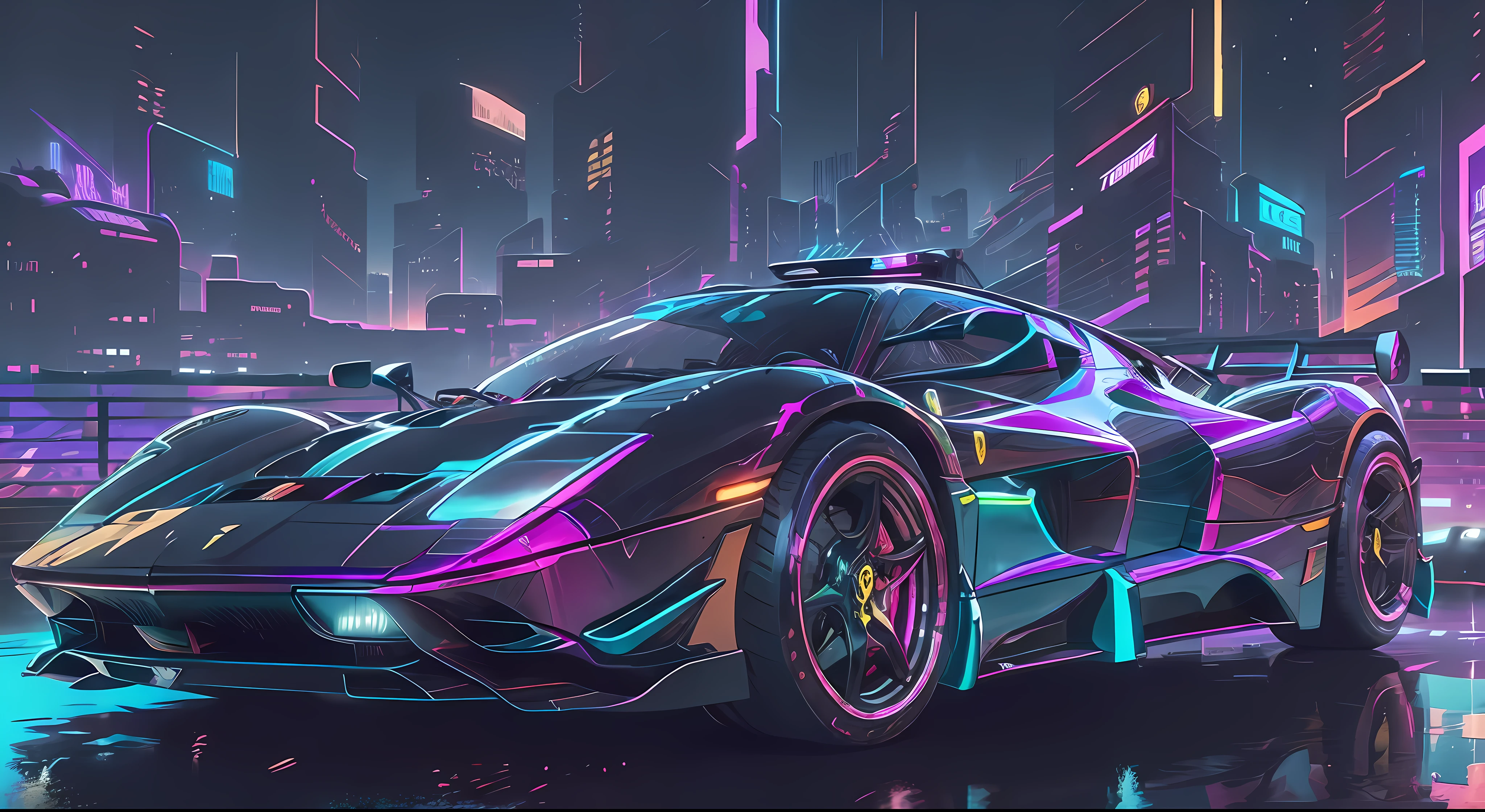 Reverse wave. Cyberpunk City, Ferrari Enzo, Frontal Camera, Sport Suite, Black Samurai, Purple Neon, Sun Setting,
(masterpiece, detailed, high resolution),