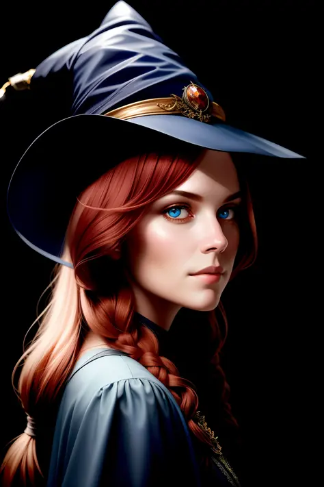 award-winning character concept art, a cute magical wizard, red eyes, red hair, blurred background, witch hat, natural lighting,...