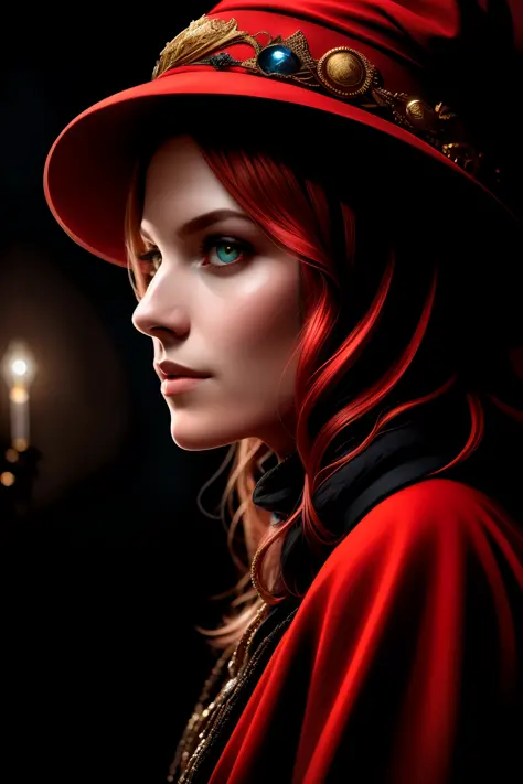 Award-winning character concept art, a cute magical wizard, red eyes, red hair, blurred background, witch hat, natural lighting, lips, looking at _at_viewer, solo, from the side, highly detailed 8k character concept portrait studio lighting, trending on ar...