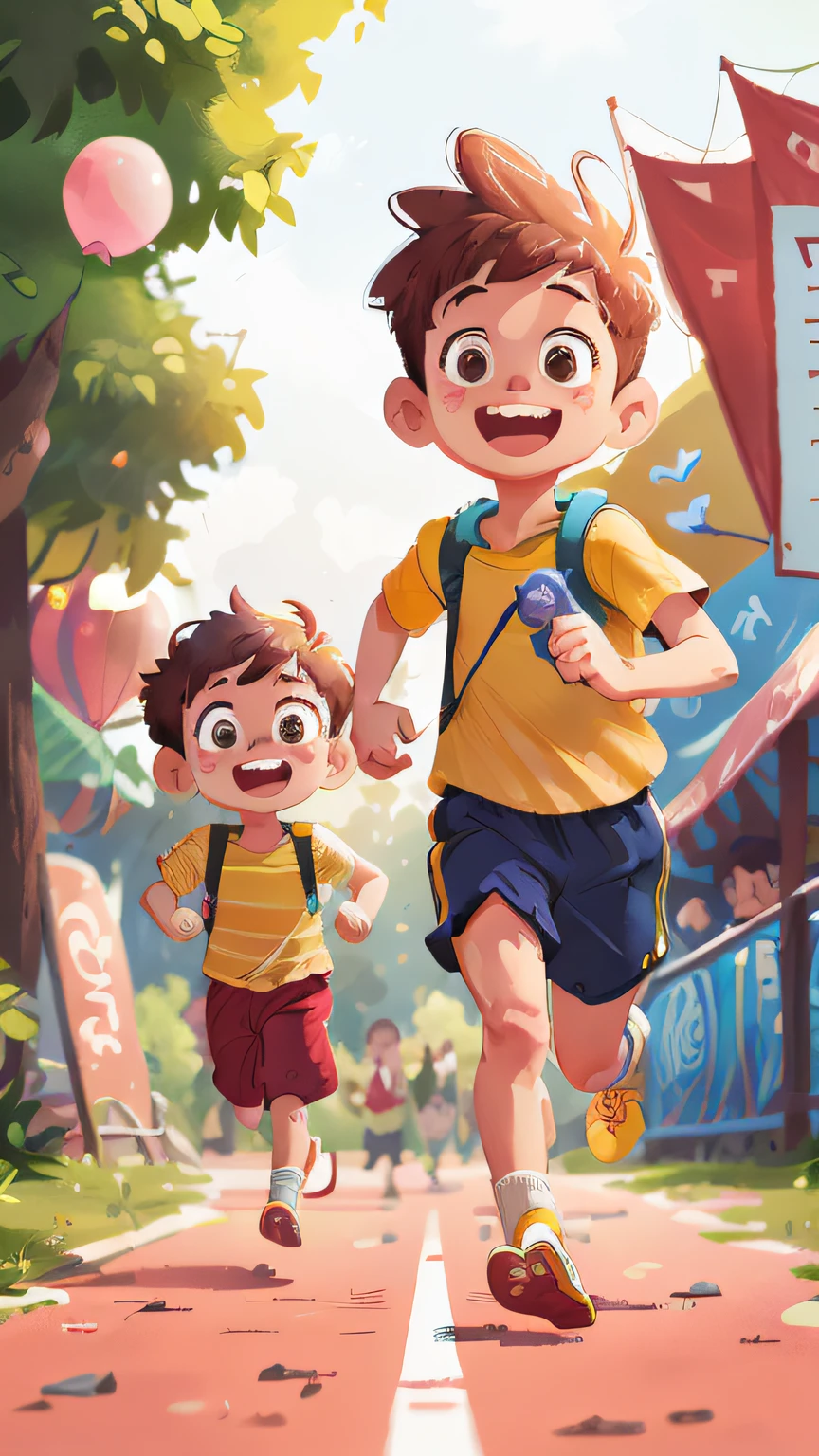 Two running boys, amusement park, holding balloons, happy, happy, perfect quality, clear focus (clutter - home: 0.8), (masterpiece: 1.2) (Realistic: 1.2) (Bokeh) (Best quality) (Detailed skin: 1.3) (Intricate details) (8K) (Detail Eyes) (Sharp Focus), (Happy)