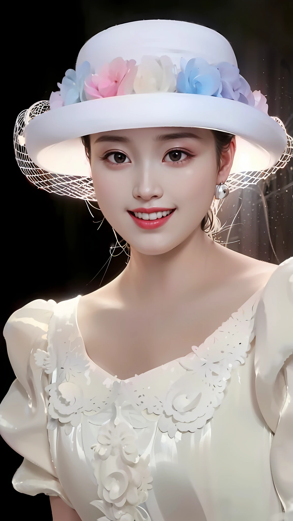 一位戴着白色花朵帽子的女士的特写, 阮嘉美丽!, 灵感来自黄极, 一位美丽的白衣女子, sha xi, yun ling, yanjun chengt, style of guo hua, lu ji, 美丽的中国模特, fan bingbing, 迪丽热巴, 灵感来自唐逸芬, 受姚廷梅启发