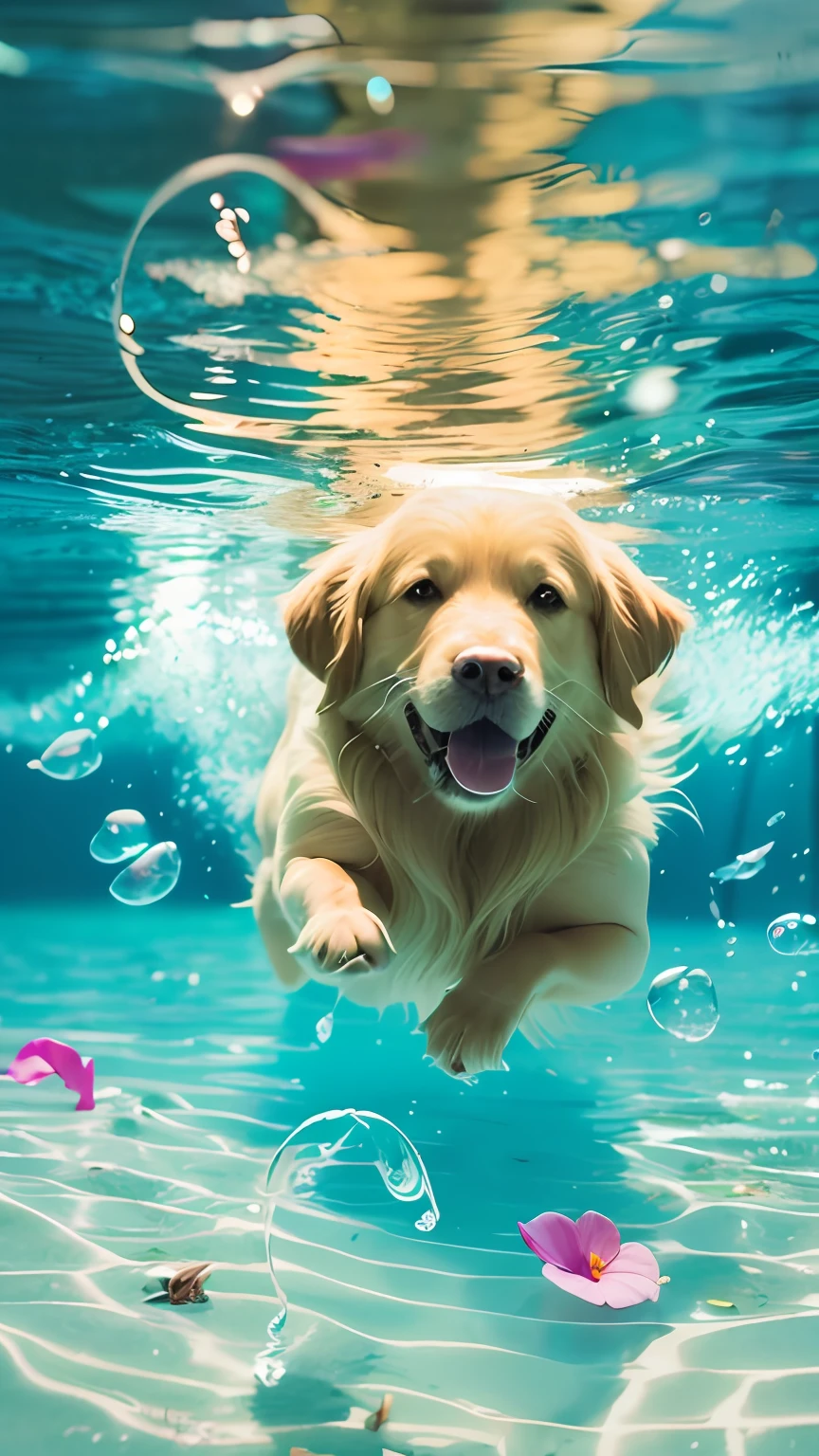 There is a dog that is swimming in the water with bubbles - SeaArt AI