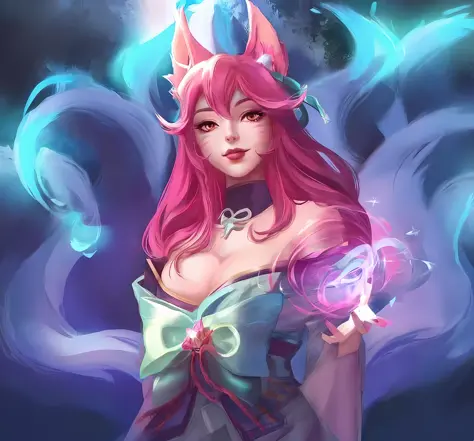 a woman with pink hair and a crown holding a magic ball, ahri, portrait of ahri, seraphine ahri kda, ahri from league of legends, miss fortune league of legends, miss fortune, from league of legends, beautiful celestial mage, extremely detailed artgerm, ar...