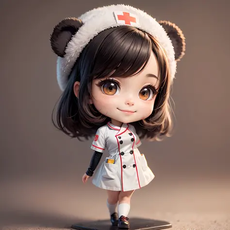 Chibi character, panda girl wearing nurse clothes, smile, fluffy, no background, supremely precise