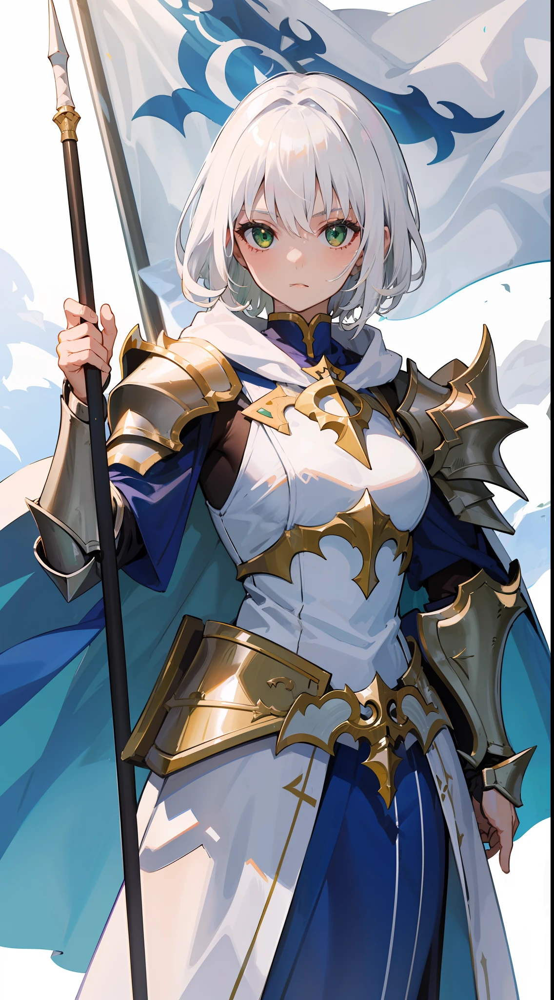 1girl, sharp white hair, sharp green eyes, wearing full white armor and radiating light, paladin, 8k, holding a flag spear, wearing white robes with hood and epic white paladin super armor, wearing general robes and she is greater tanker