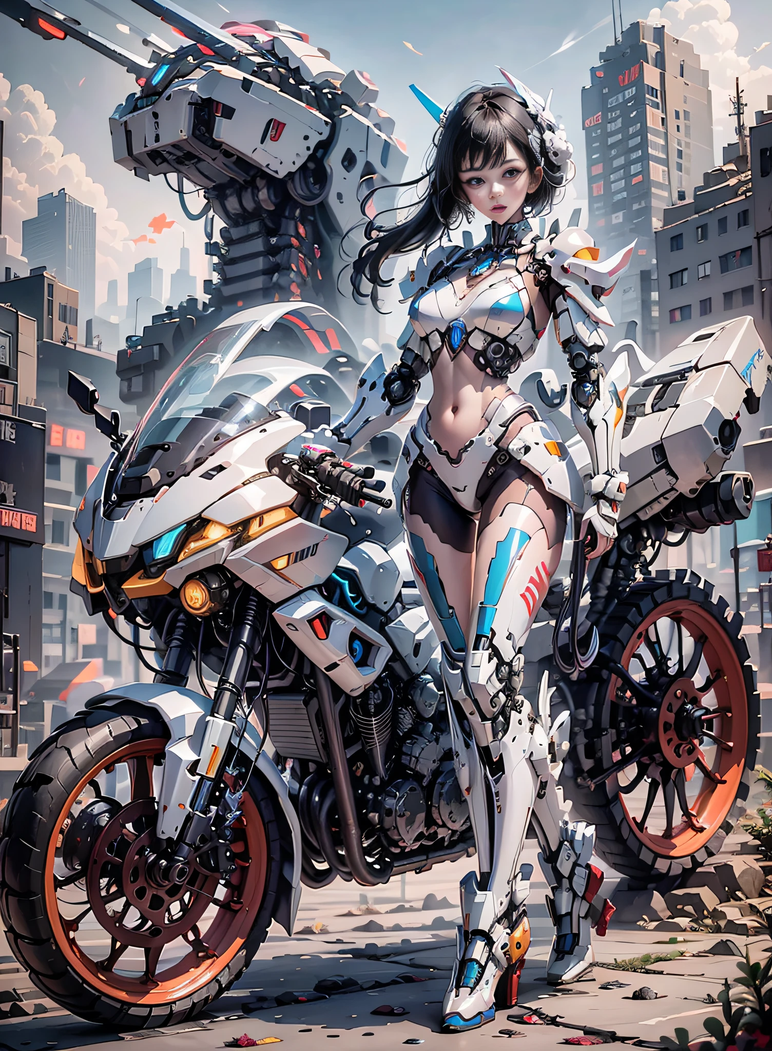 (highly detailed:1.5), (8k), futuristic mecha girl on the cover of a neon-lit science fiction magazine, style (cyberpunk:1.3), wearing an elegant battle suit with bright details, posing sensually, (bold typography:1.2), dynamic composition, vibrant colors, (Akira style:1.1), (inspired by Hajime Sorayama:1.2), full body, details in red, yellow, blue, white, combat position,  detailed bikini, futuristic detailed kaneda bike,