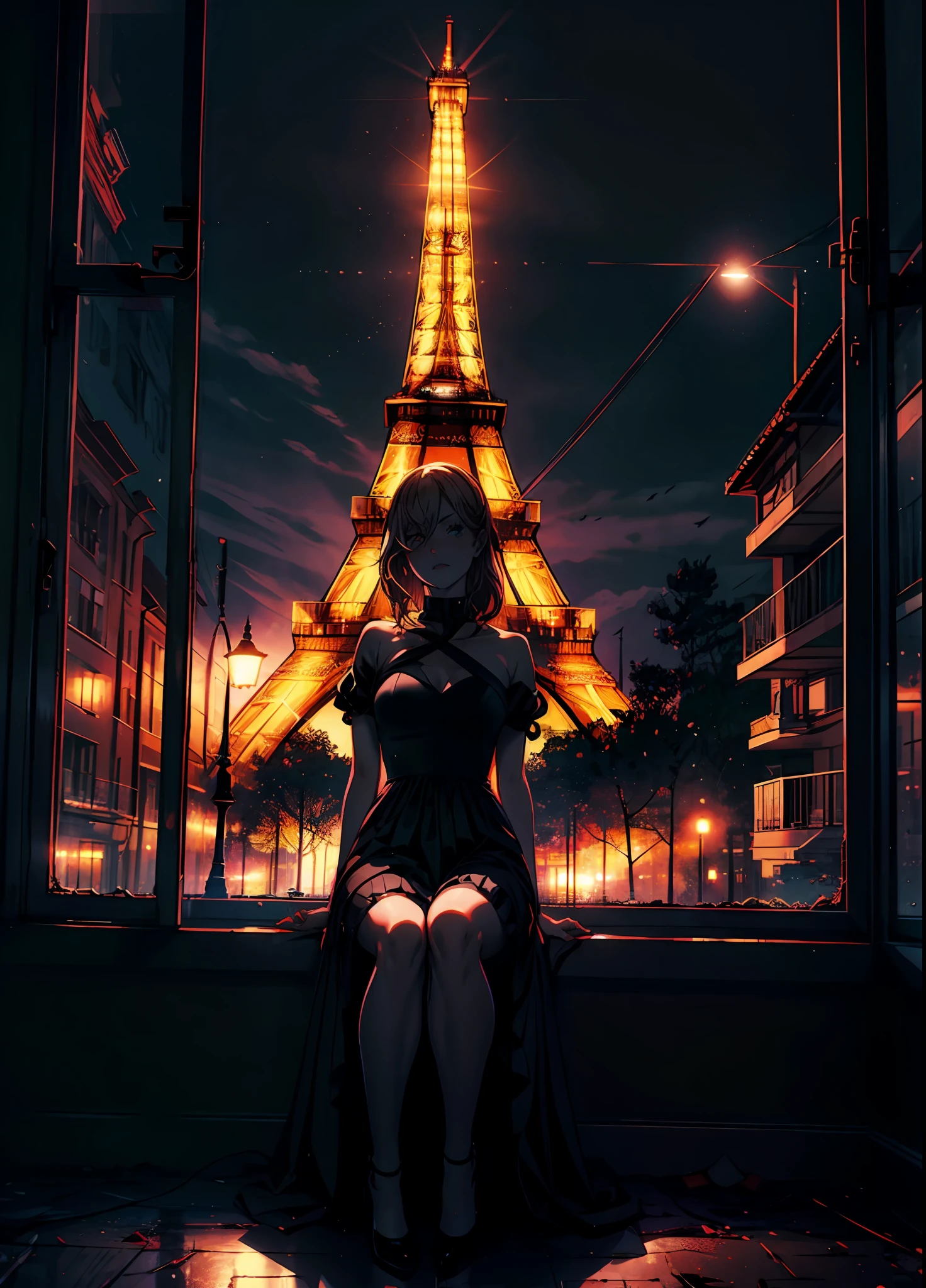 poder da motosserra usando vestido de noite preto, sentado na moldura da janela, meia-noite, sem luzes no quarto,  Torre Eiffel brilhante no fundo