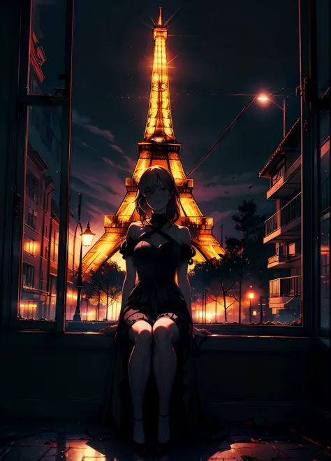 power from chainsaw wearing black evening dress, sitting on window frame, midnight, no lights in the room,  glowing eiffel tower...