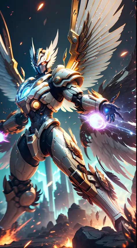 Steampunk style, cool colors, cinematic effects, huge sci-fi mecha, white-gold mecha with strong metallic luster, metallic wings on the back, wings are feathers and layered, holding Fang Tianji, Fang Tianji particle light, Fang Tianji particle special effe...