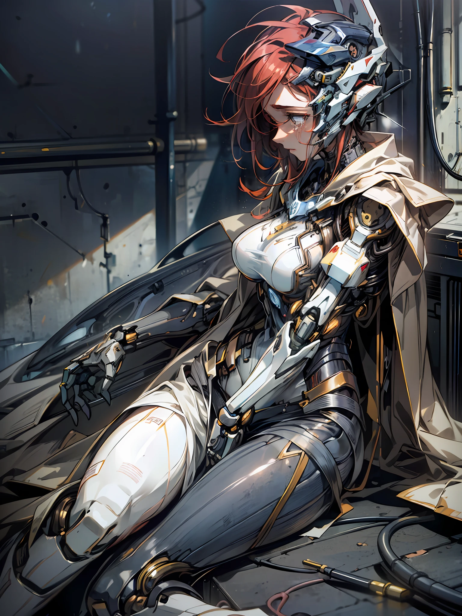 (Masterpiece, Top Quality, Best Quality, Official Art, Beauty and Aesthetics: 1.2), (1 Girl: 1.3), Red Hair, Extremely Detailed, Colorful, large breast, Supreme Details ((Ultra Detailed)), (Highly Detailed CG Illustration), ((Extremely Delicate and Beautiful)), (From the Side), Cinematic Light, 1 Girl, Solo, Full Body, (Mechanical Vertee attached to the back), (sitting), feel sad, crying, tears, (Wire and cable on the head: 1.2), (Character Focus), bare arms and legs, Mecha, Armor, White Robe, Science fiction, in factory,