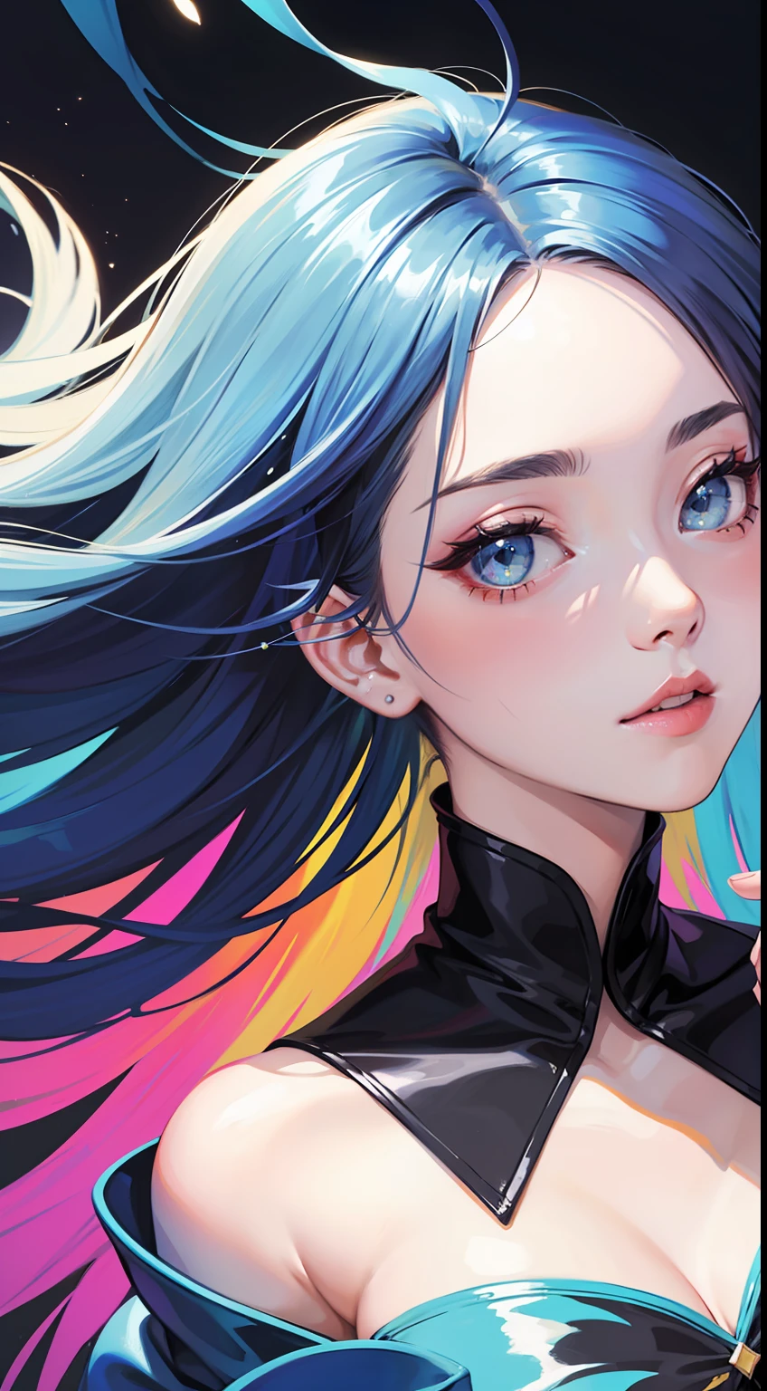 Anime girl with blue hair and black top posing for the camera - SeaArt AI